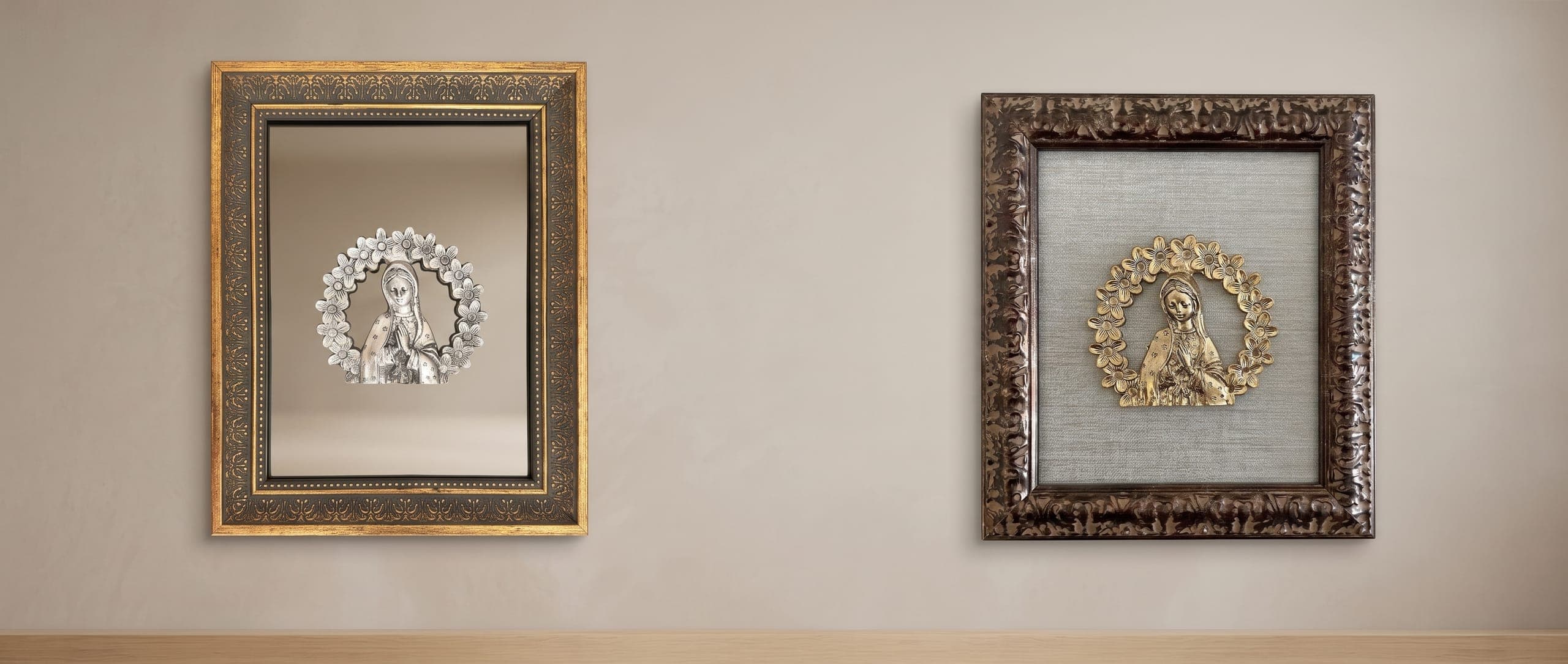 Two framed pieces hanging on a studio wall