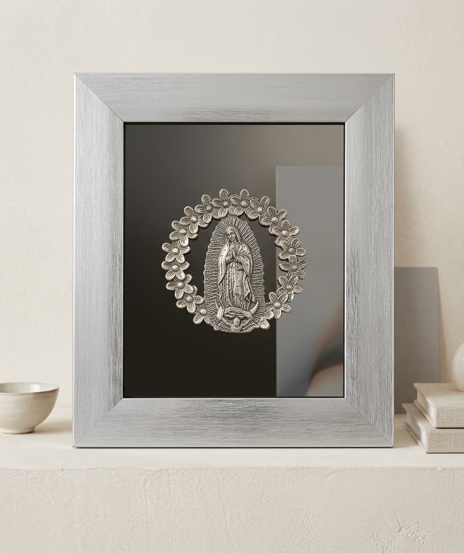 Brushed silver Guadalupe mirror frame with a dark smoked mirror panel